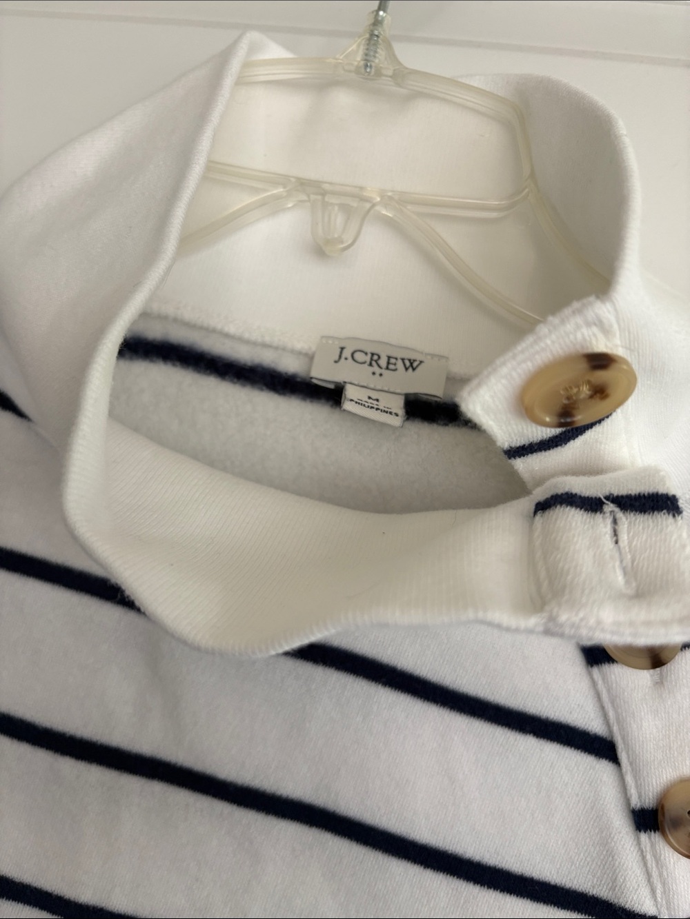 J. Crew Factory White Polo Sweatshirt with Navy Stripes and Tan Buttons